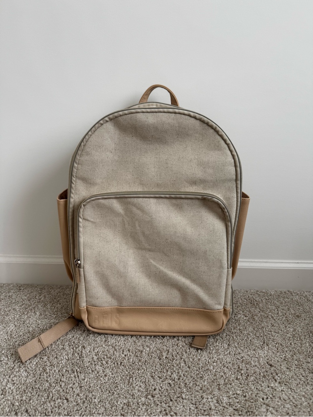 BEIS Beige Canvas Backpack with Tan Trim